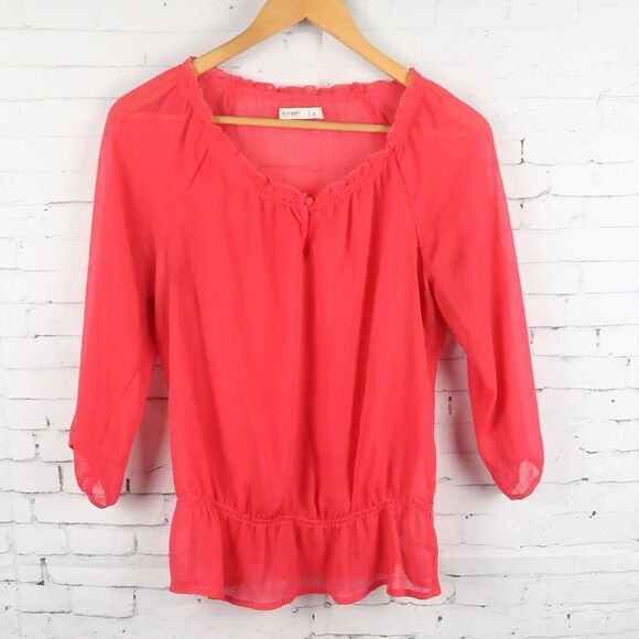 OLD NAVY HOT PINK 1/2 SLEEVE V NECK SHEER BLOUSE WITH RUFFLE HEM SIZE MEDIUM - Picture 1 of 6